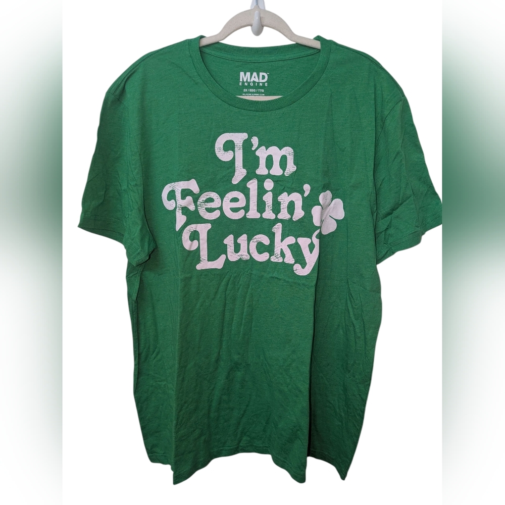 Green Graphic Tee with 'I'm Feelin' Lucky' Print